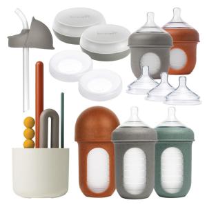 imageBoon Nursh Baby Bottle Gift Set  Baby Feeding Essentials for New Moms  Includes 4 Oz and 8 Oz Baby Bottles Storage Lids Fast Flow Nipples Storage Buns Straw Lid and Mod Baby Bottle Brush Set